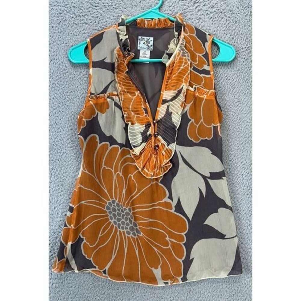 Tabitha Shirt Womens 4 Orange Floral Ruffle Top Blouse Silk Sleeveless Ladies